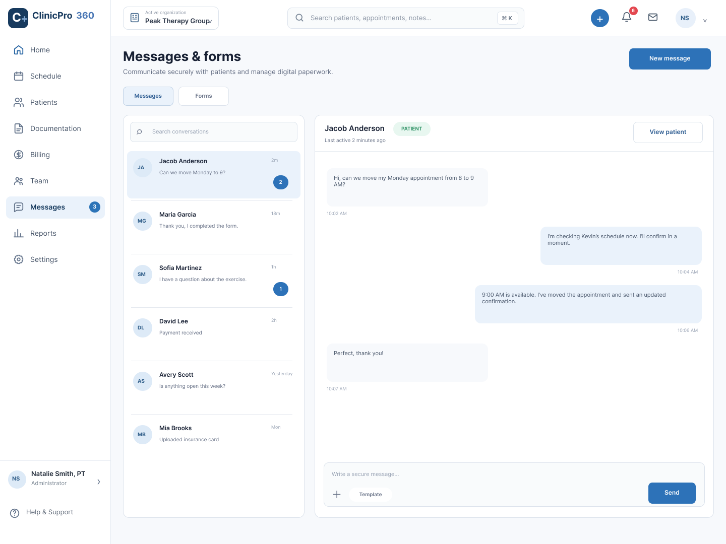 ClinicPro360 messaging workspace showing a synthetic patient conversation and inbox.