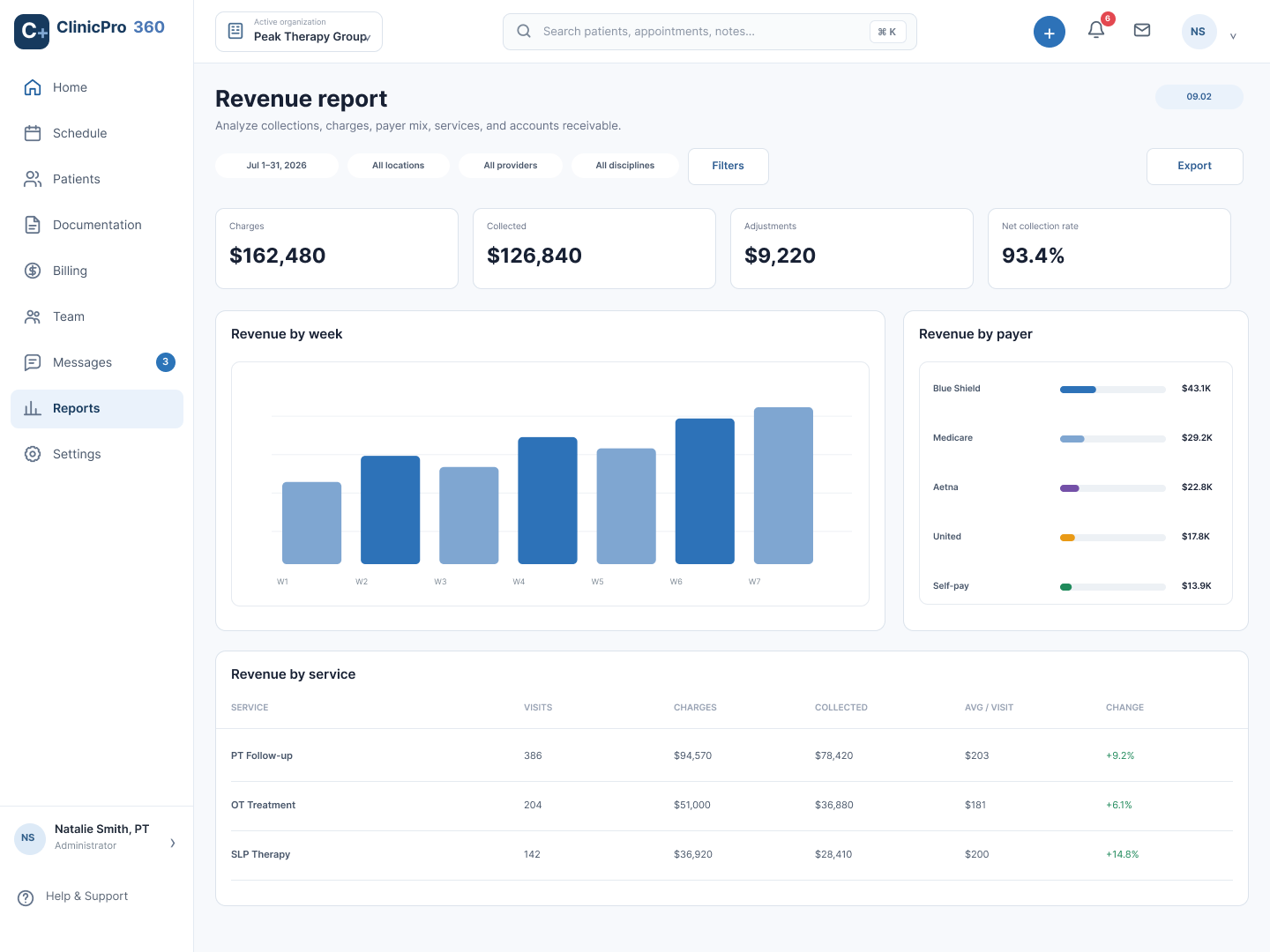 ClinicPro360 revenue report showing synthetic collection metrics, payer mix, and service revenue.